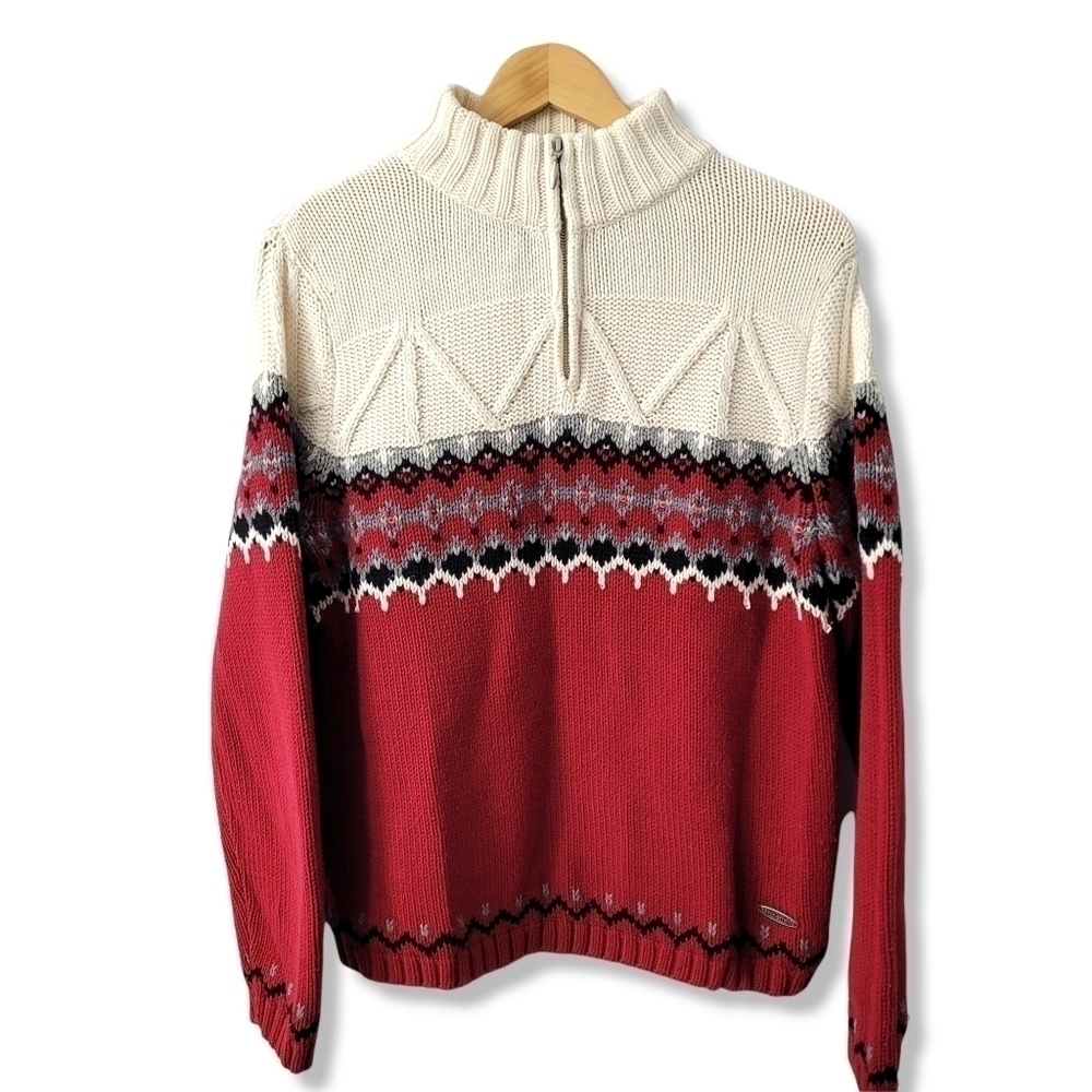 𝅺FISHERMEN'S Knit Fair Isle 1/4 Zip Sweater Nordic Size M  Vintage